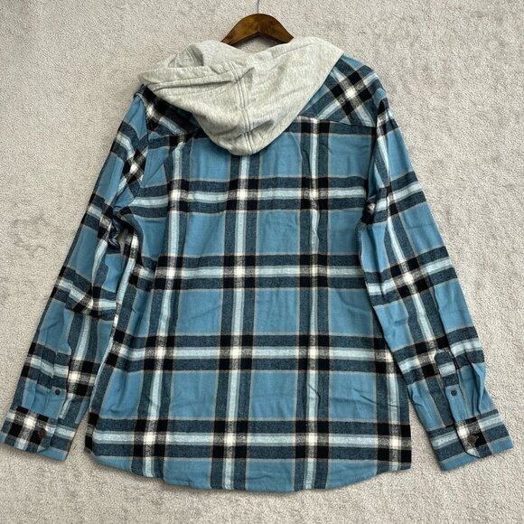 NEW Quiksilver Men's L Flannel Shirt Jacket With Hood Blue Plaid Cotton - Picture 3 of 8